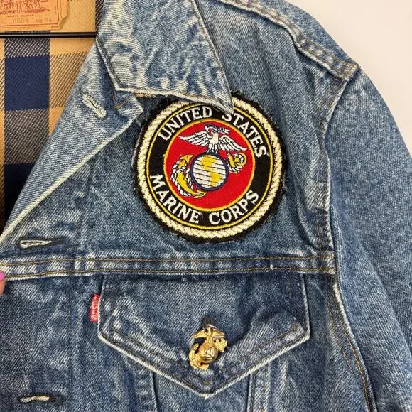 Vintage Levis 70411 Mens Lined Denim Trucker Jacker US Marine Corps Patch - 46 - Picture 3 of 14
